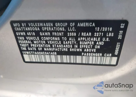 2017 Volkswagen Passat 1.8T Sel Premium from USA, damaged, VIN 1VWCT7A32HC041405